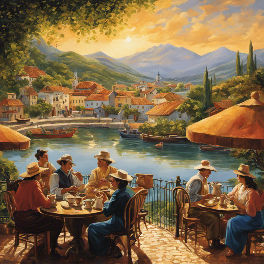 An image of a bustling European café with people sipping aromatic cups of coffee, while a serene South American landscape depicts yerba mate leaves untouched