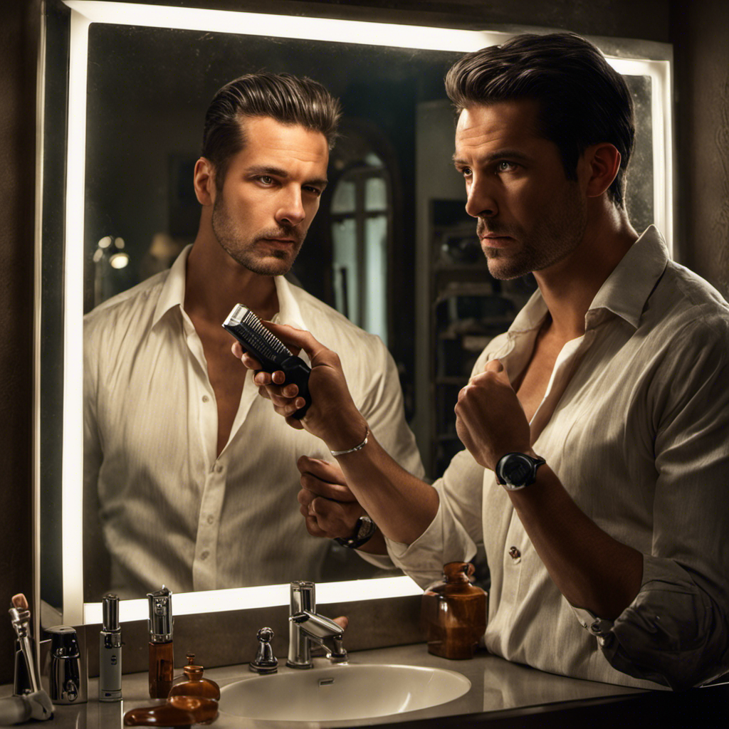 An image showcasing Jeremy of Ah in front of a mirror, holding an electric razor