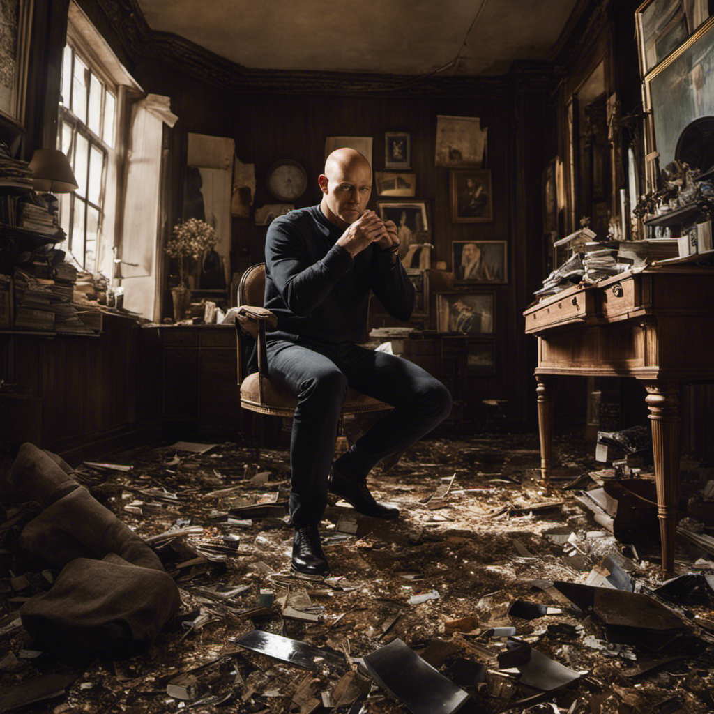 An image showcasing Joel's transformation: a mirror reflecting his determined expression, a pile of clippings on the floor, and a razor glinting with remnants of hair