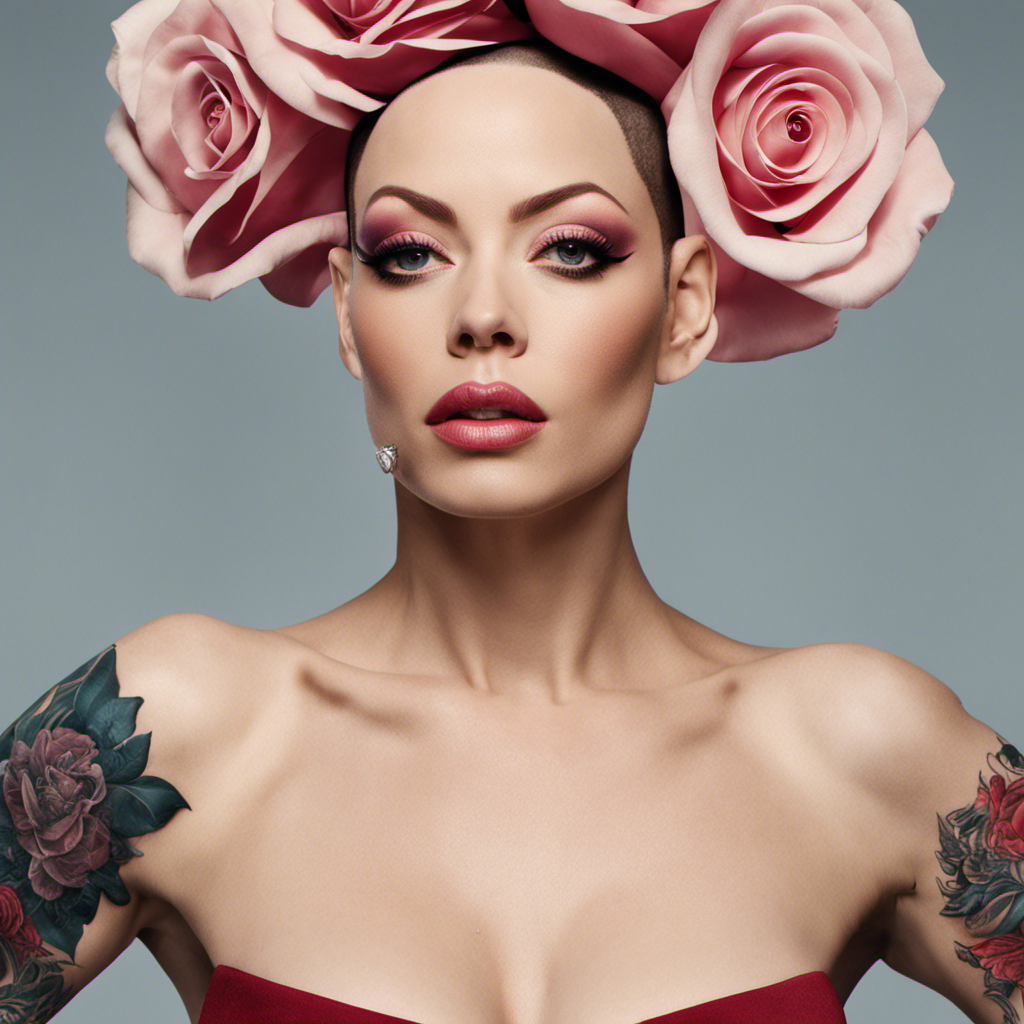 An image showcasing Rose McGowan's transformation: her fearless gaze meets the camera, her freshly shaven head adorned with intricate tattoos, capturing the essence of her empowering choice