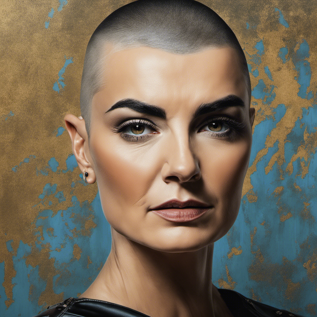 An image that captures the essence of Sinead O'Connor's transformation: a close-up shot of a brave, determined woman, her face expressing both vulnerability and empowerment, as she confidently shaves off her flowing locks