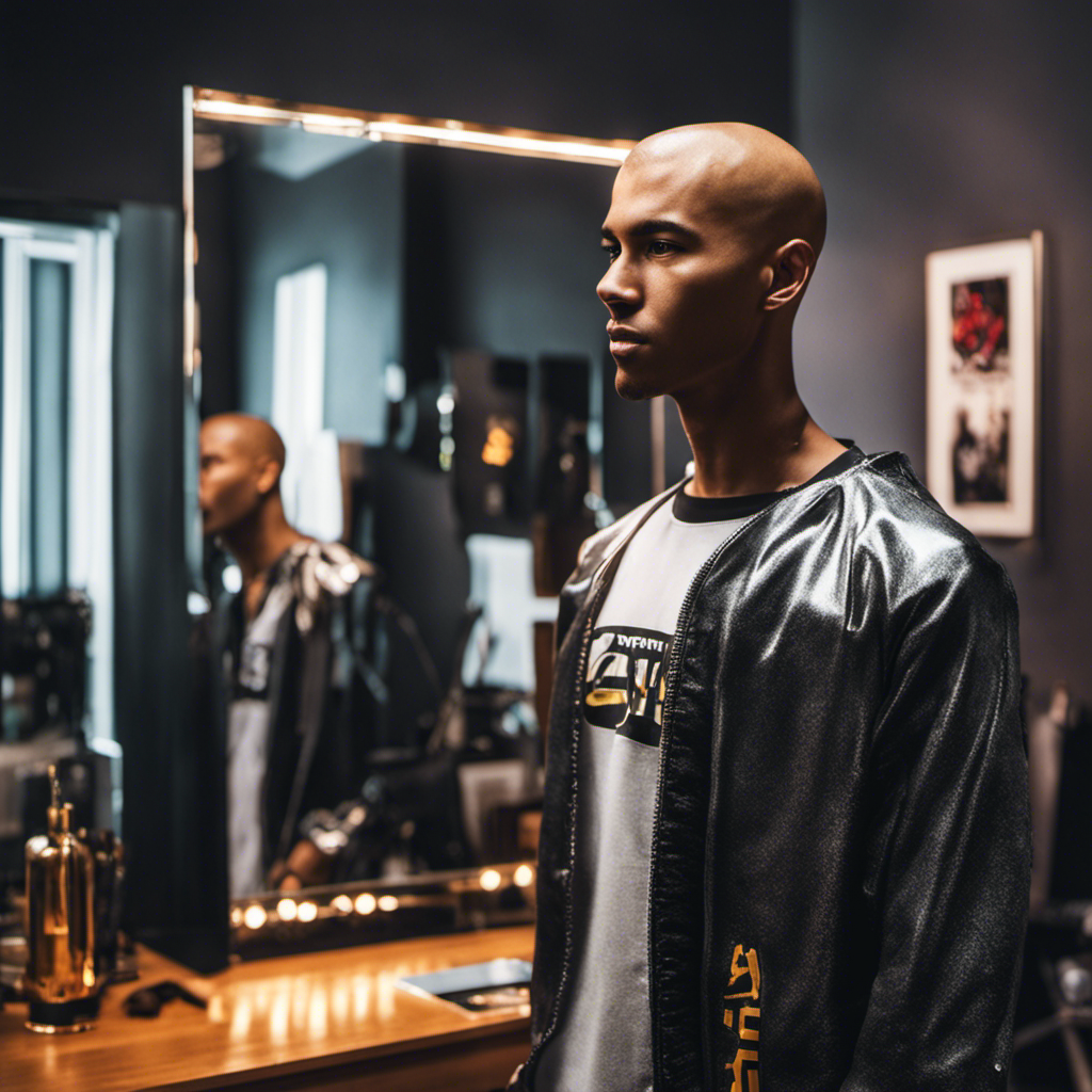 An image showcasing Wubwoofwolf, the renowned Osu! player, standing tall in front of a mirror, his freshly shaven head reflecting the glimmering razor, as locks of hair lay scattered on the floor