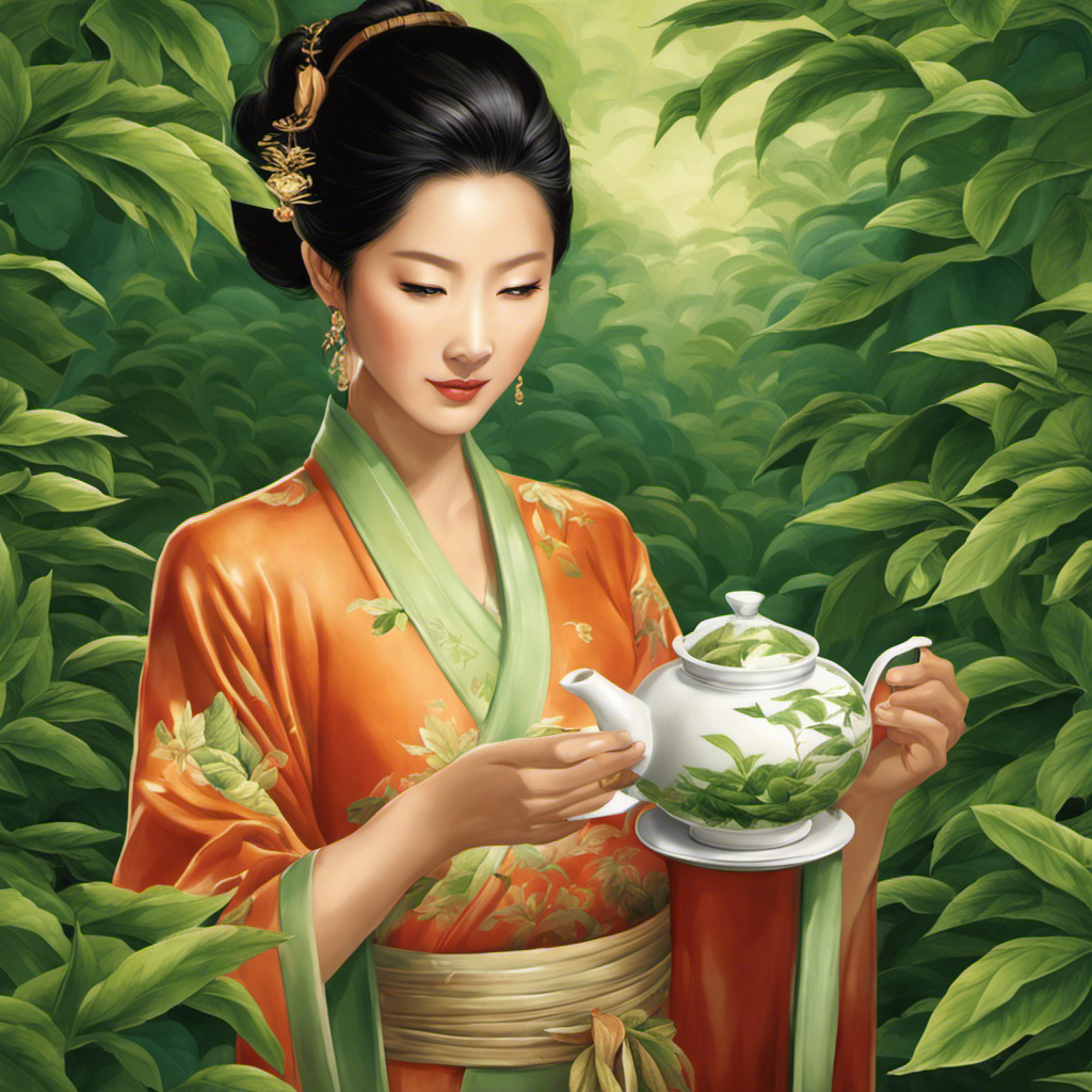 An image featuring a serene Asian woman gracefully holding a steaming cup of oolong tea, surrounded by lush green tea leaves
