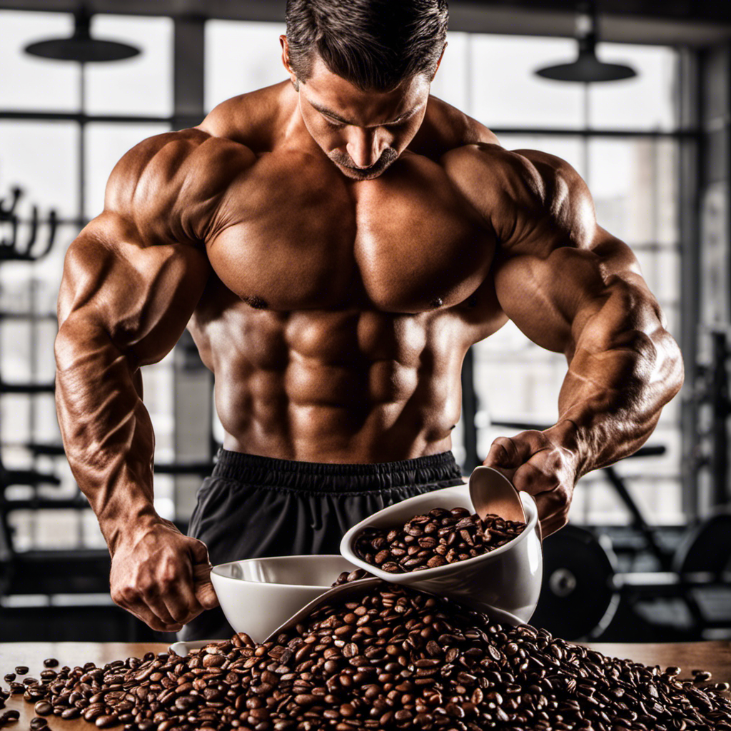 An image showcasing a bodybuilder's muscular arm reaching into a bowl overflowing with roasted coffee beans, highlighting their rich aroma