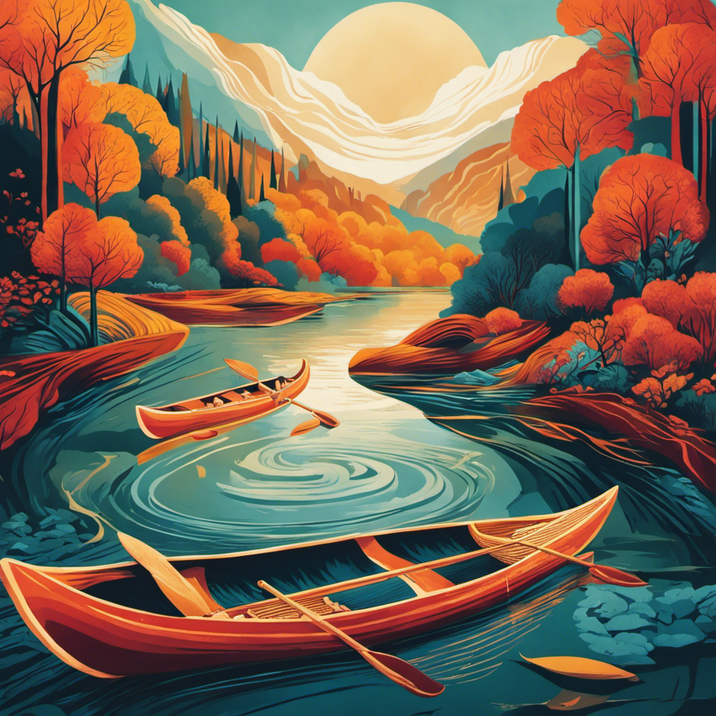 Nt, abstract illustration depicting a human joint as a serene river scene, with the bones resembling canoes, gracefully gliding through the flowing currents