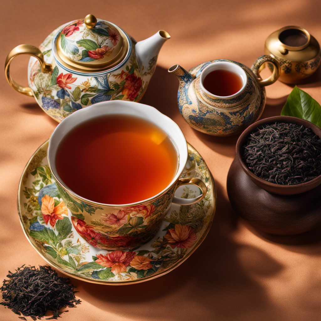 An image showcasing a vibrant teacup filled with antioxidant-rich black tea, surrounded by vibrant tea leaves and a delicate teapot, contrasting against a backdrop of soothing oolong tea leaves