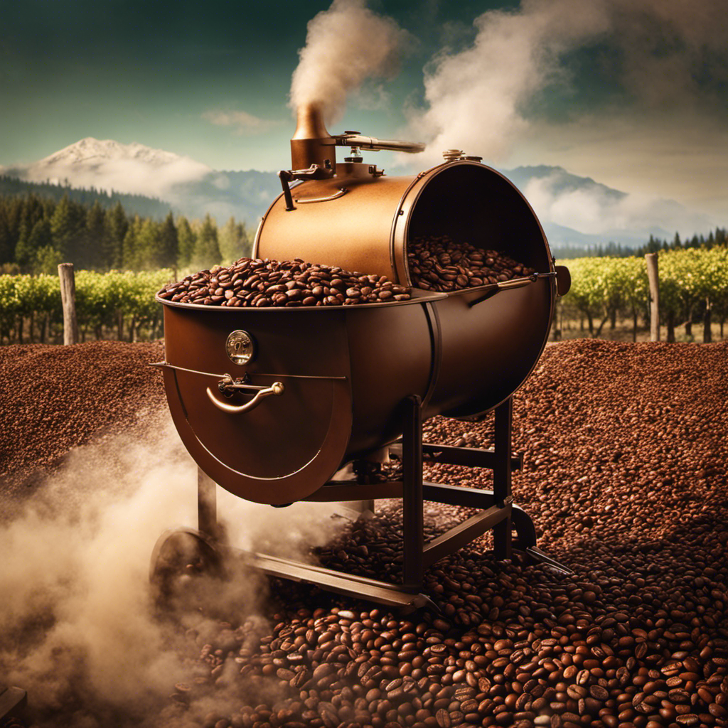 An image capturing the essence of coffee roasting: a vintage roasting drum, emanating billows of aromatic smoke, as warm, golden coffee beans transform from pale green to rich brown, releasing flavors that awaken the senses