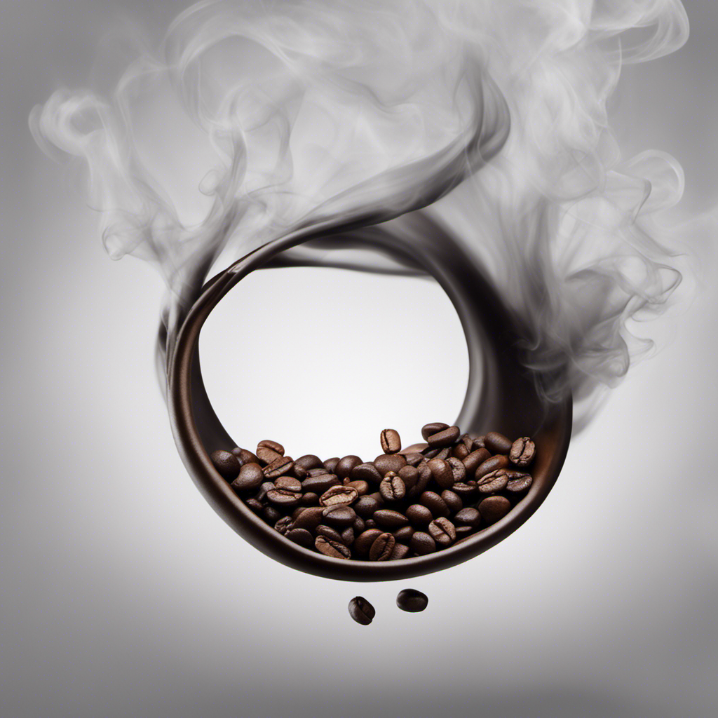 An image of a dark, roasted coffee bean suspended in mid-air, surrounded by billowing smoke