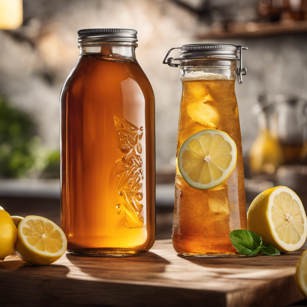 An image featuring a glass of kombucha tea with a pungent aroma of vinegar, accompanied by sliced lemons, a jar of vinegar, and a sour expression on someone's face