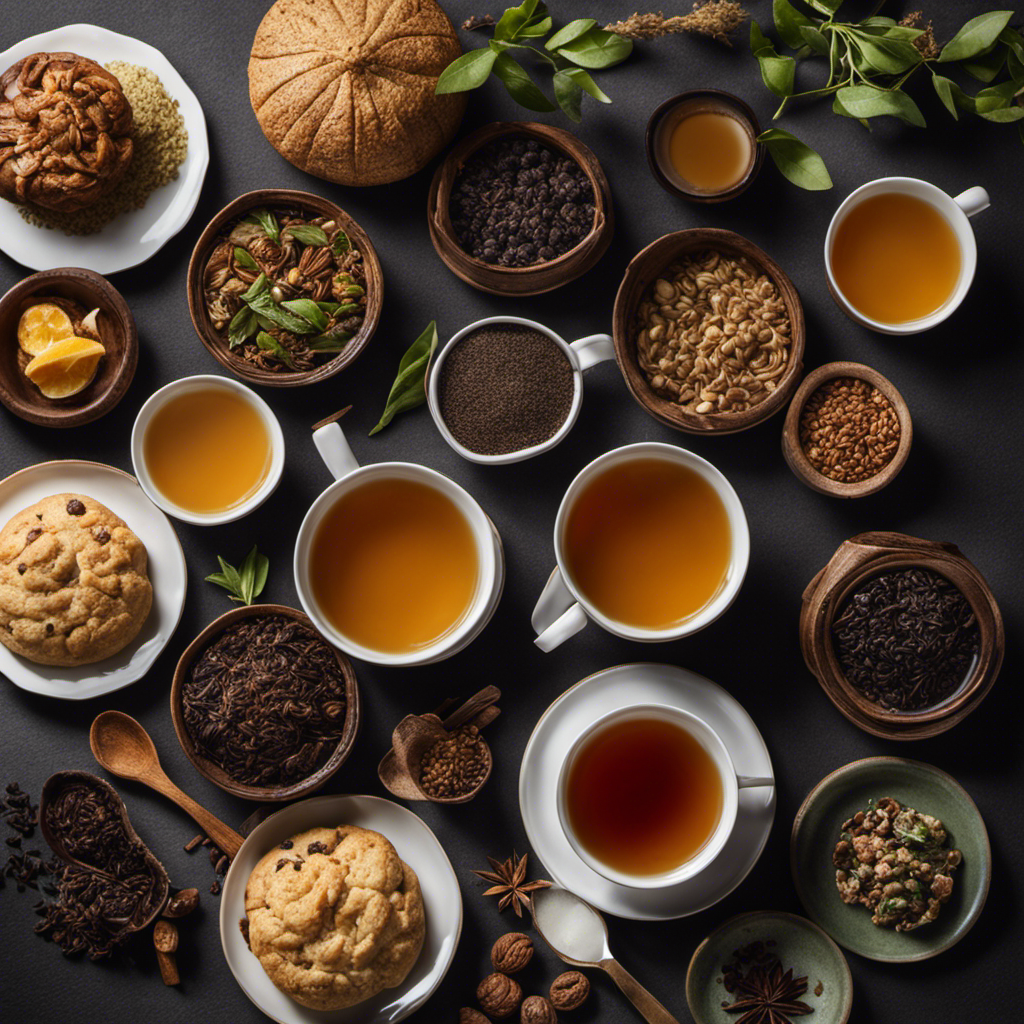 An image showcasing a steaming cup of oolong tea surrounded by a variety of carb-rich foods such as baked goods, fruits, and grains, highlighting the surprising 25g carbohydrate content of oolong tea