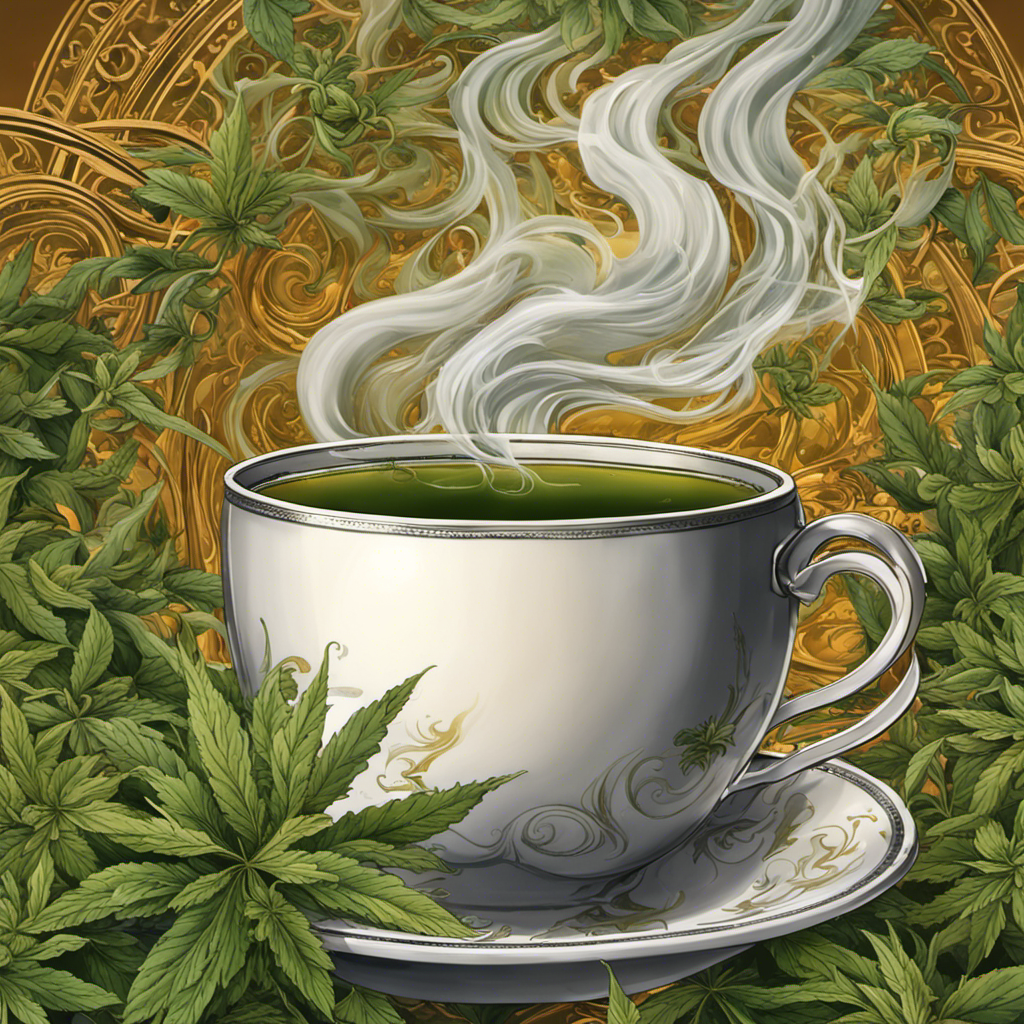 An image of a steaming cup of oolong tea surrounded by freshly plucked tea leaves, emitting fragrant wisps of aroma that resemble swirling tendrils of cannabis smoke