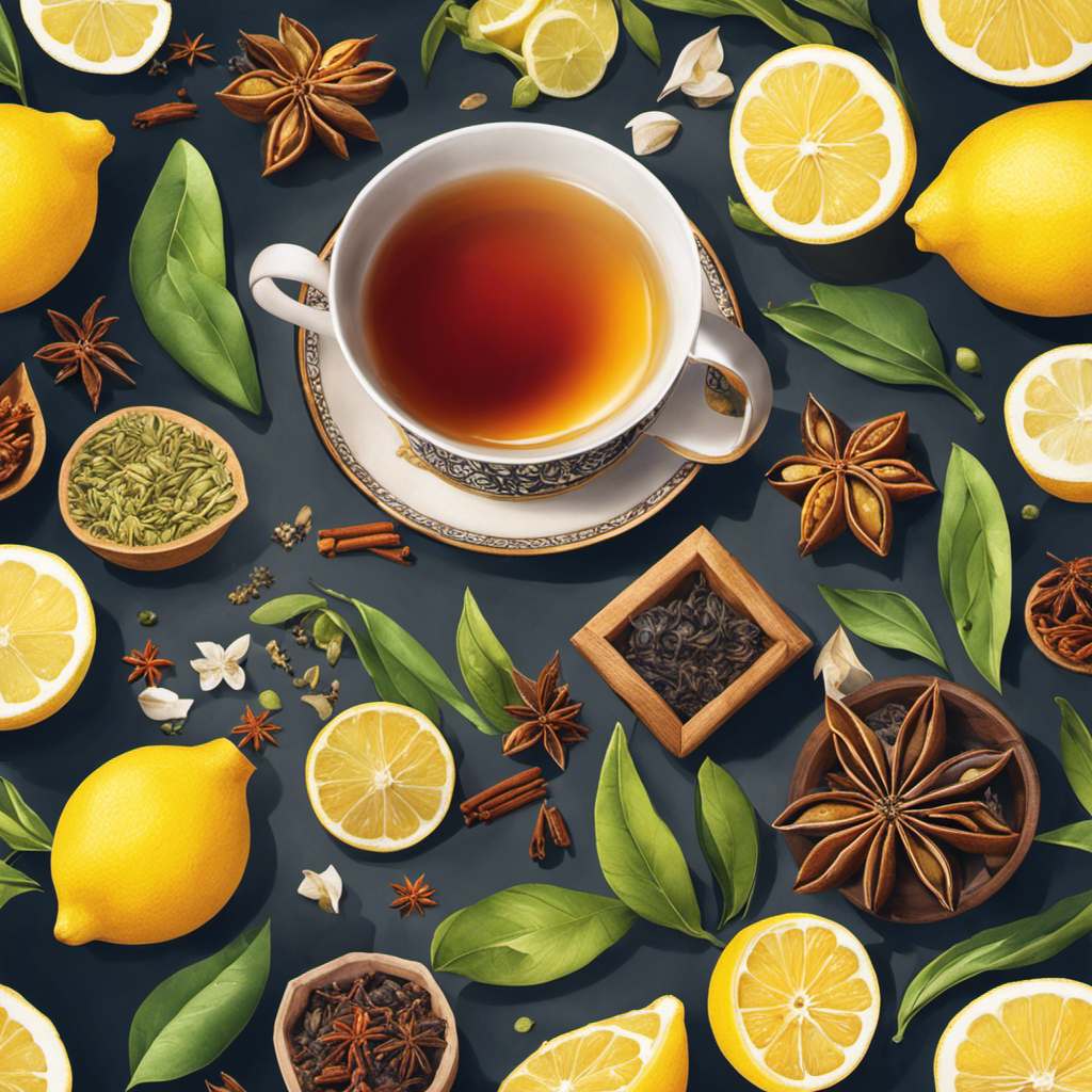 An image showcasing a steaming cup of oolong tea surrounded by various flavorful ingredients like fresh lemons, fragrant flowers, and exotic spices, highlighting the contrast between their vibrant colors and the tea's bland appearance