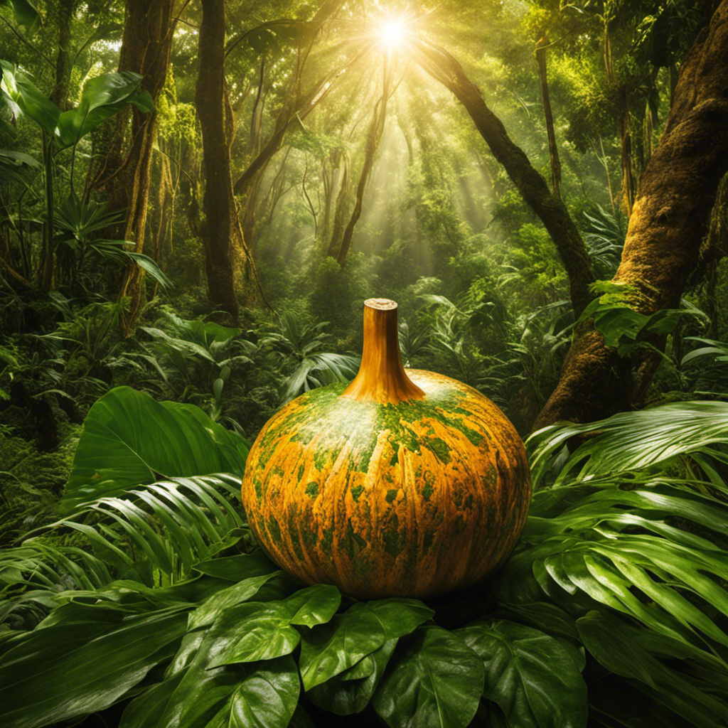An image showcasing a vibrant, lush South American rainforest with rays of golden sunlight filtering through the dense foliage onto a traditional gourd and bombilla, surrounded by freshly harvested yerba mate leaves, evoking the natural energy and vitality it provides