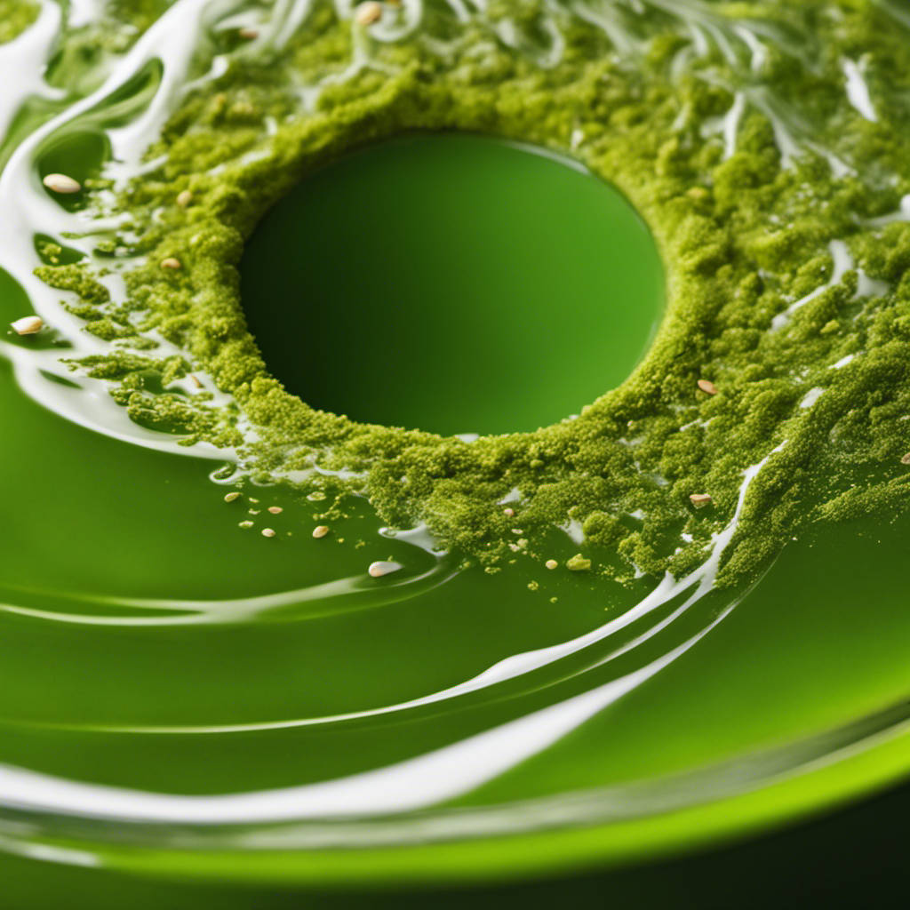 An image that showcases a glass of vibrant, green yerba mate tea with swirls of almond milk separating into distinct layers, capturing the intriguing phenomenon of separation