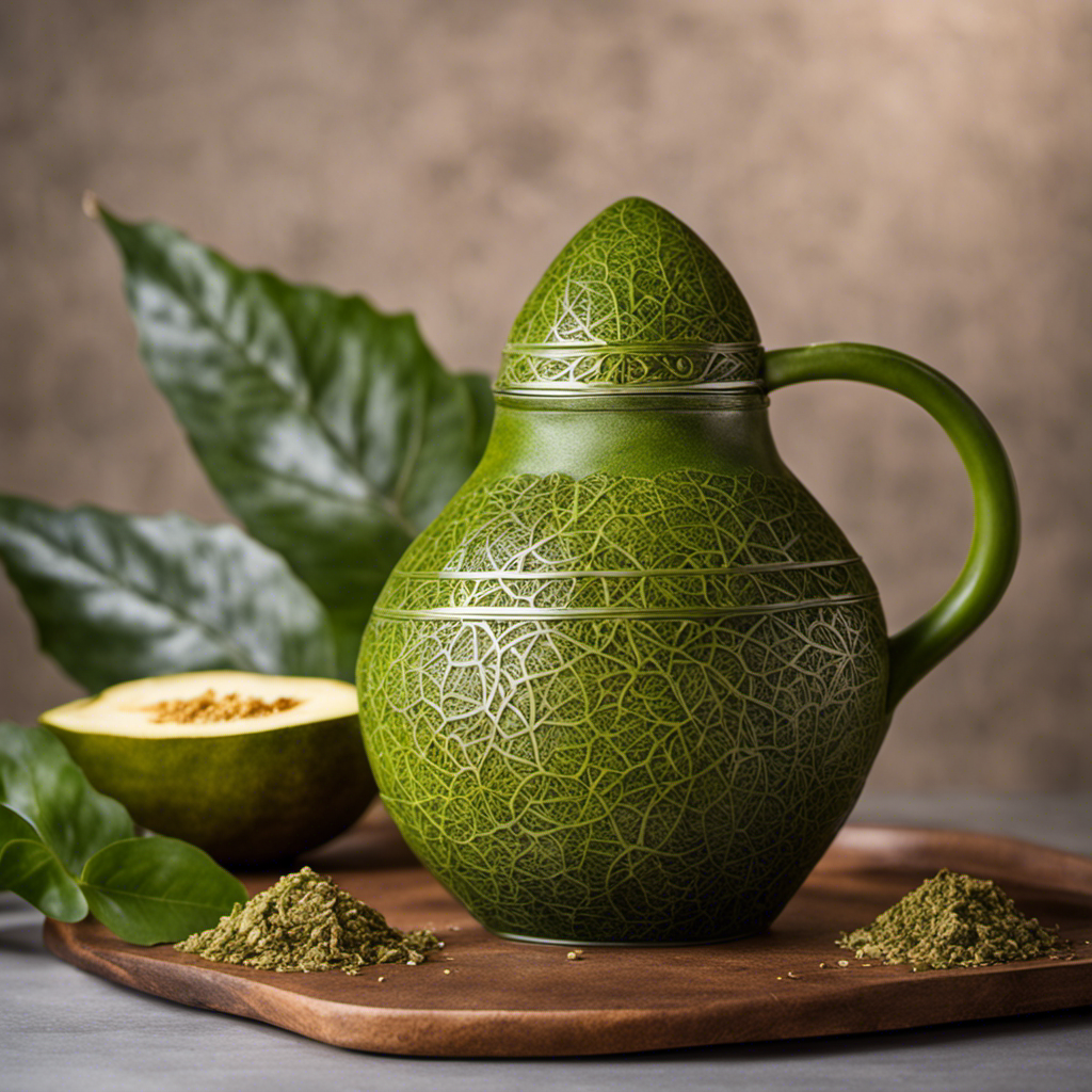 An image that showcases a vibrant, dried Yerba Mate leaf slowly steeping in a gourd filled with hot water, as the infusion gradually changes from a pale yellow to a rich, vivid green hue