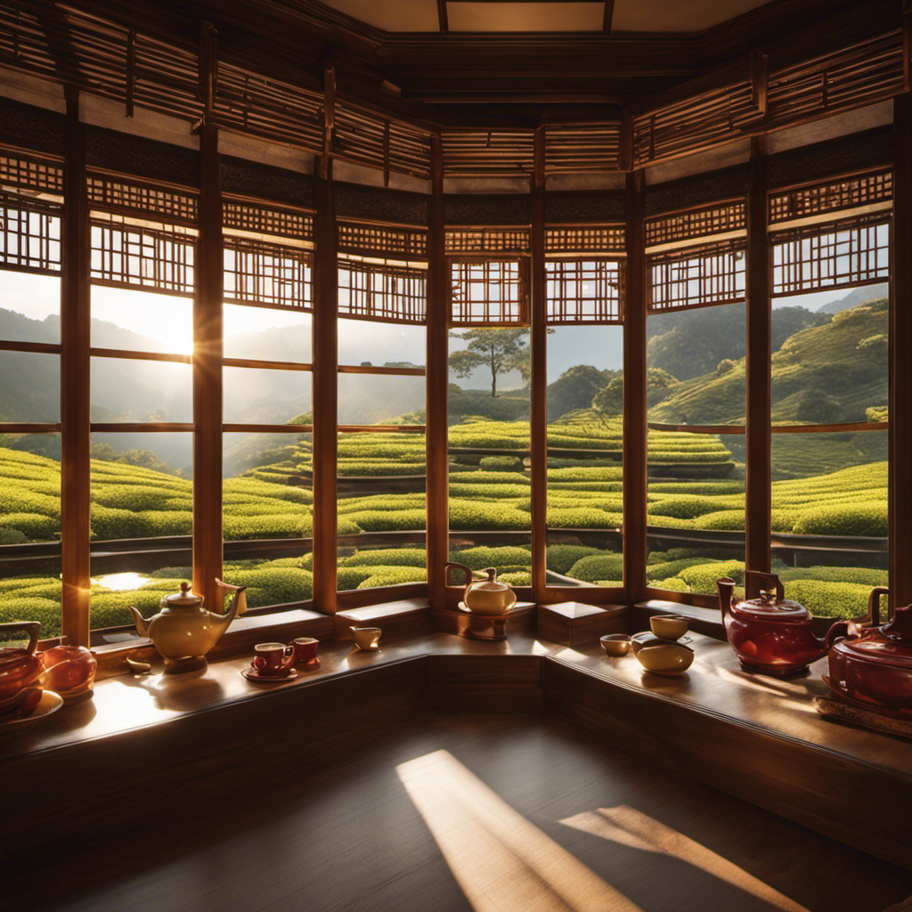 An image that showcases a tranquil teahouse, with shelves once filled with vibrant oolong tea varieties, now empty and deserted