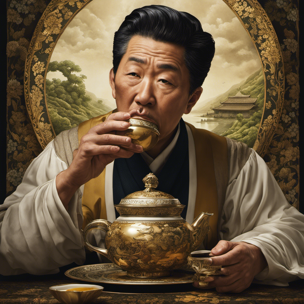 An image depicting a person drinking Oolong tea, their face contorted in discomfort, clutching their stomach, as a nauseous expression takes over