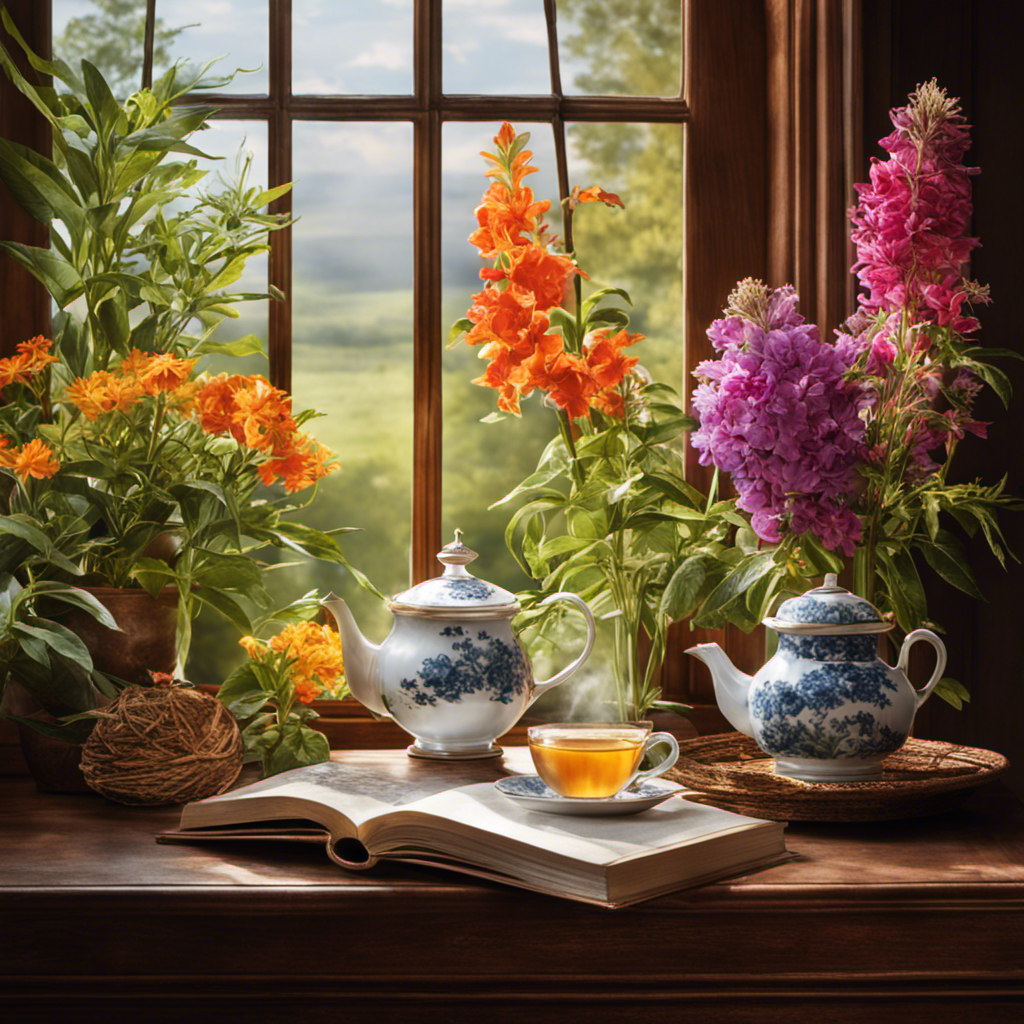 An image that showcases a serene morning scene with a warm mug of fragrant herbal tea, surrounded by vibrant botanicals, as sunlight filters through a window, evoking a peaceful and revitalizing atmosphere