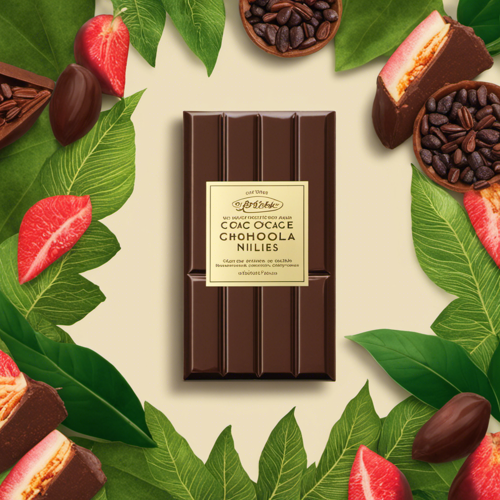 An image showcasing the irresistible allure of raw cacao: a velvety smooth, dark chocolate bar broken in half, revealing luscious, rich cocoa nibs glistening amidst a backdrop of vibrant green leaves