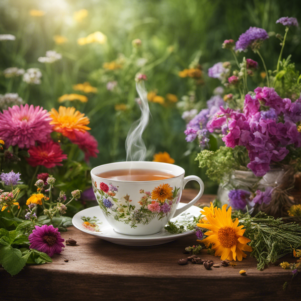 An image showcasing a serene morning scene with a steaming cup of herbal tea surrounded by vibrant herbs and flowers, contrasting against a discarded coffee cup, emphasizing the calming benefits of herbal tea
