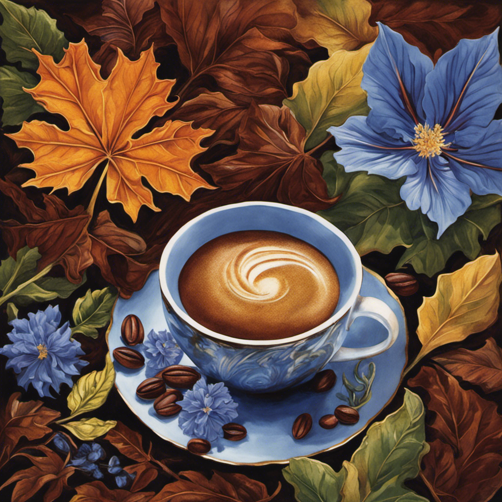 An image showcasing a steaming cup of chicory coffee, surrounded by vibrant, earthy-hued leaves of chicory plants
