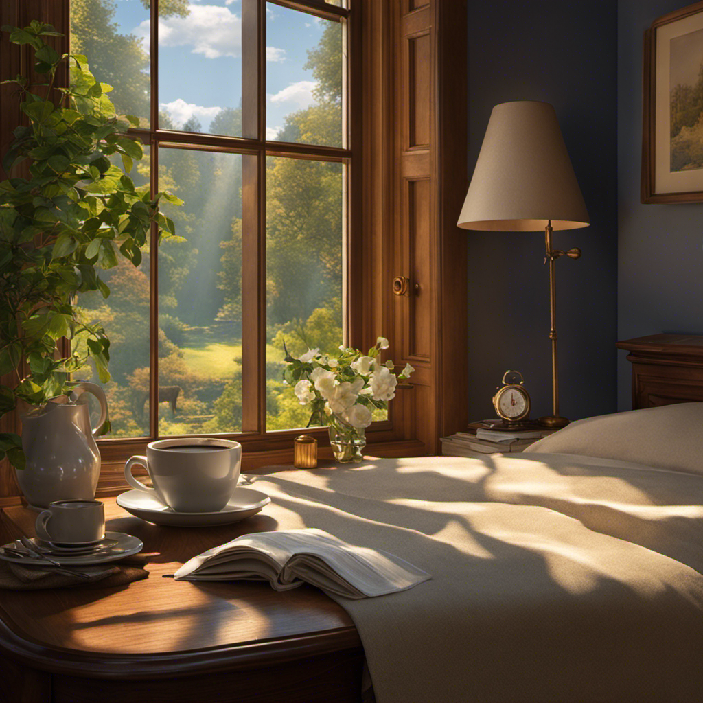 An image of a serene morning scene with a cozy bedroom, gently streaming sunlight, and a steaming cup of coffee left untouched on a bedside table, implying that it's not the best choice to start the day