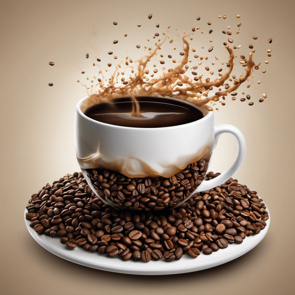 An image of a steaming cup of coffee held by a pair of trembling hands, surrounded by scattered coffee beans, with a trail of caffeine molecules intertwining with brain neurons, symbolizing the irresistible, addictive power of coffee