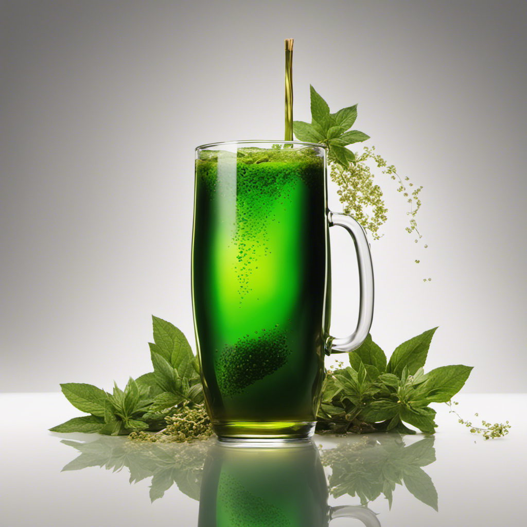 An image showcasing a tall glass filled with a vibrant green Yerba Mate infusion, entwined with a swirling alcoholic beverage