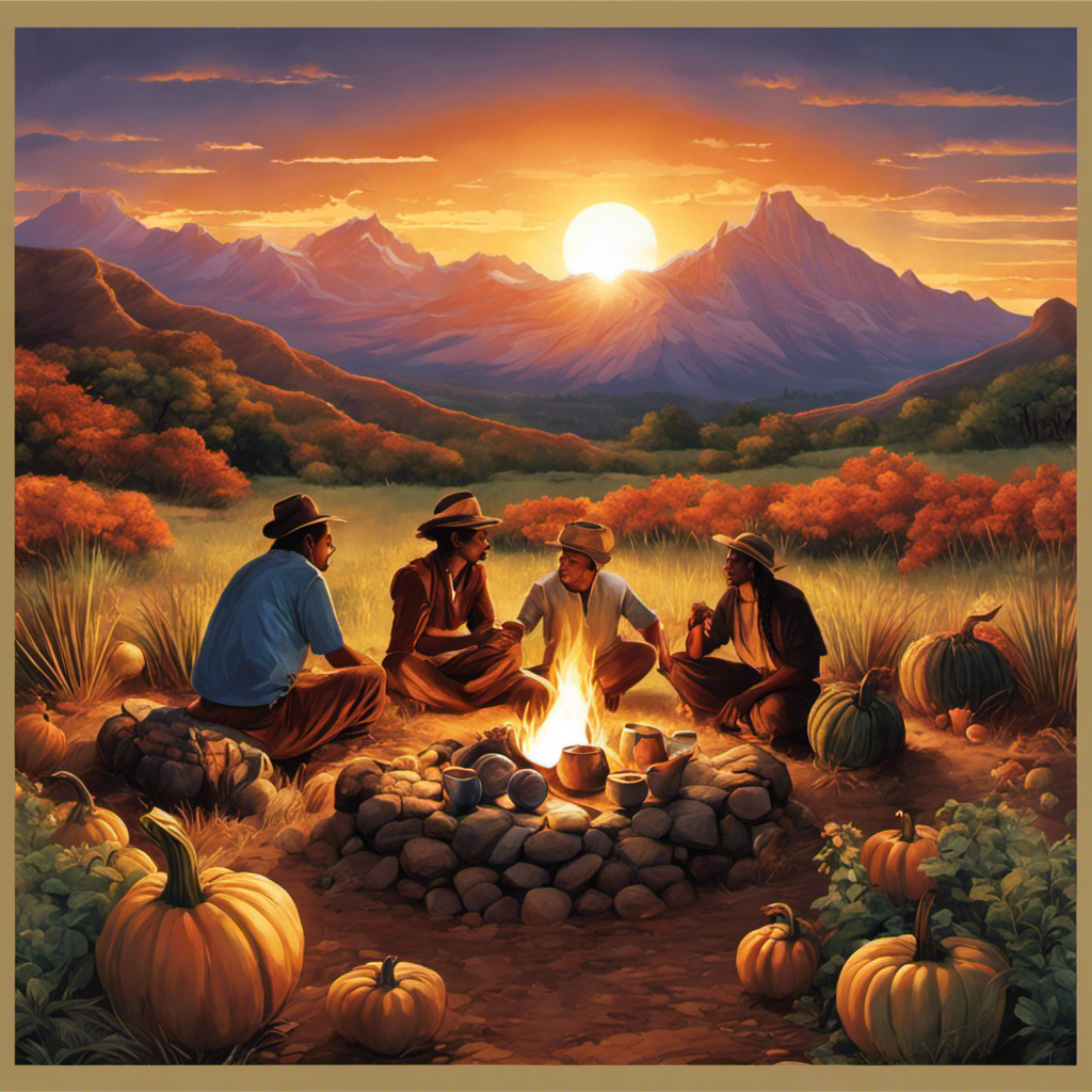 An image showcasing a serene outdoor scene with a group of diverse individuals gathered around a campfire, sipping from gourd-shaped cups, as the sun sets behind distant mountains, emphasizing the growing popularity of Yerba Mate