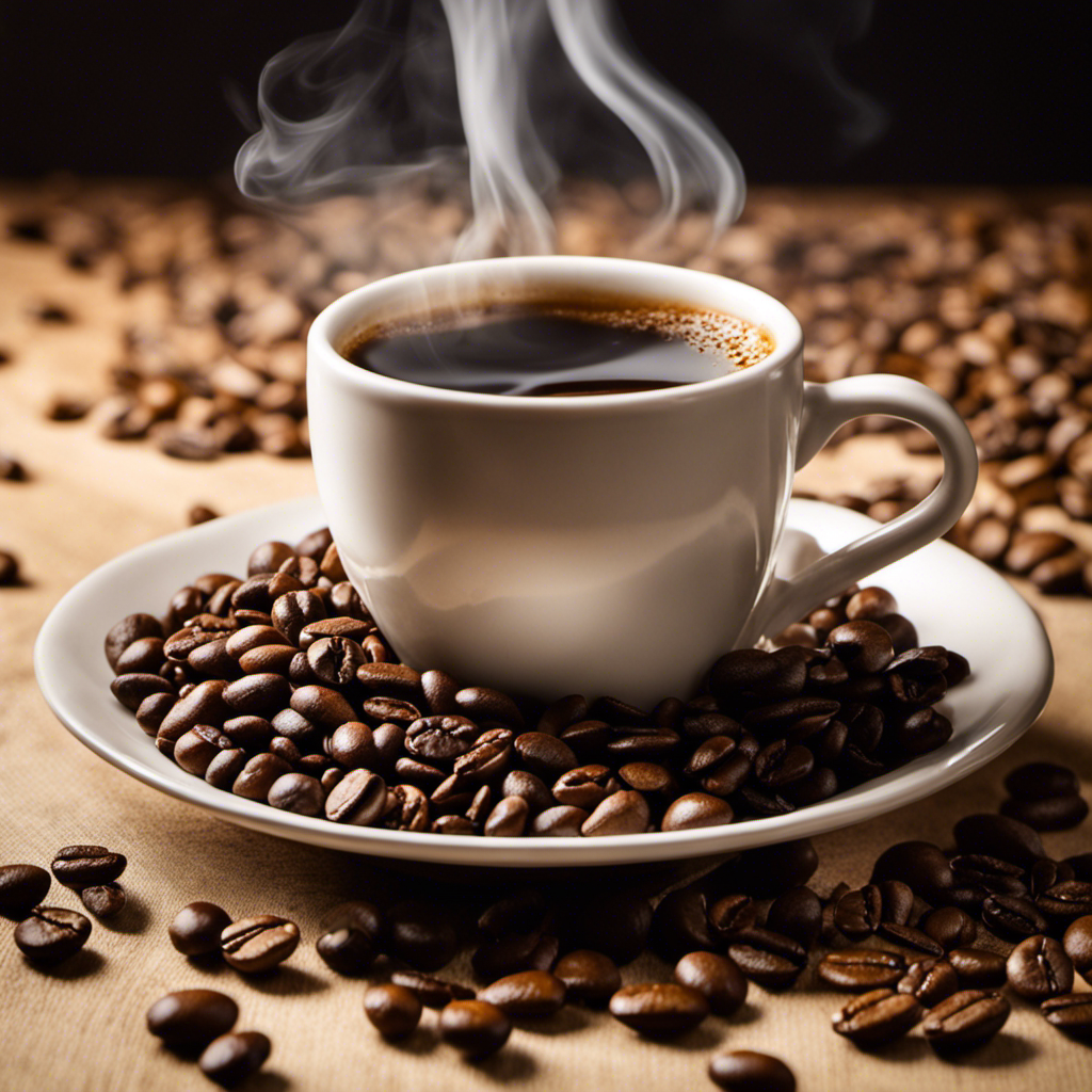 An image of a steaming cup of coffee, surrounded by a rich aroma, with vibrant roasted coffee beans in the background, exuding a golden-brown hue, and a hand gracefully pouring freshly brewed coffee