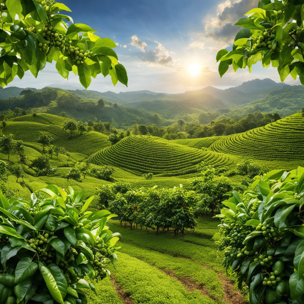 An image of a lush, well-tended coffee plantation; vibrant green coffee cherries glistening under the sun, meticulously handpicked by skilled farmers