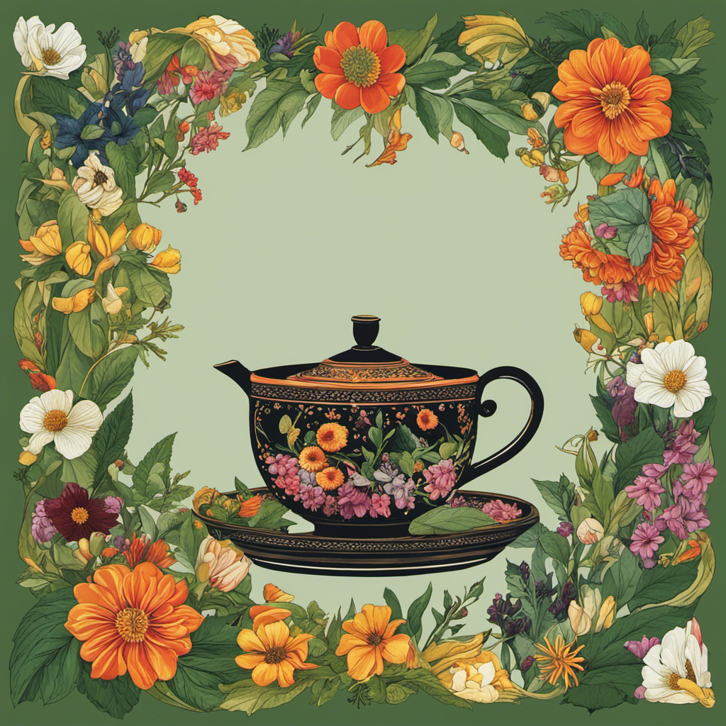 An image showcasing a steaming cup of herbal tea composed of vibrant, fragrant flowers, leaves, and herbs