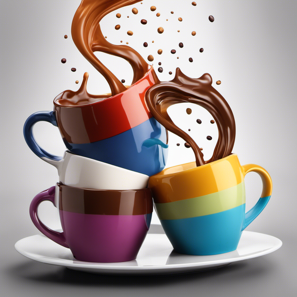 An image featuring three stacked coffee mugs, each pouring coffee of different colors from their spouts
