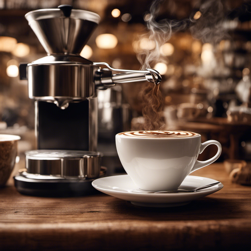 An image depicting a bustling Italian café, with a barista meticulously pouring a rich, velvety espresso into a delicate porcelain cup, steam swirling gracefully, and the aroma of freshly brewed coffee filling the air