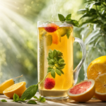 An image showcasing a glass filled with effervescent, golden-hued Kombucha tea, surrounded by vibrant, freshly picked fruits and fragrant herbs