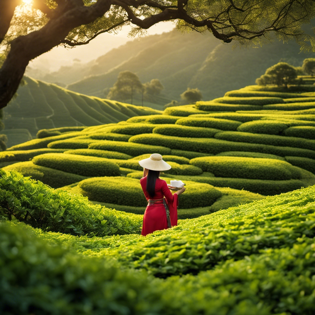 An image of a serene tea garden with a woman savoring a cup of oolong tea, showcasing her slender figure
