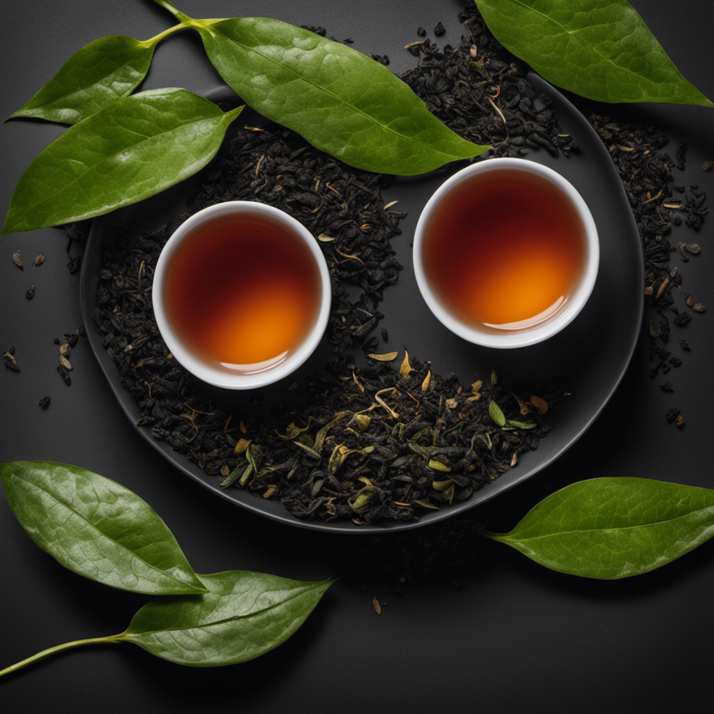 An image depicting two tea cups side by side, one filled with oolong tea, the other with black tea