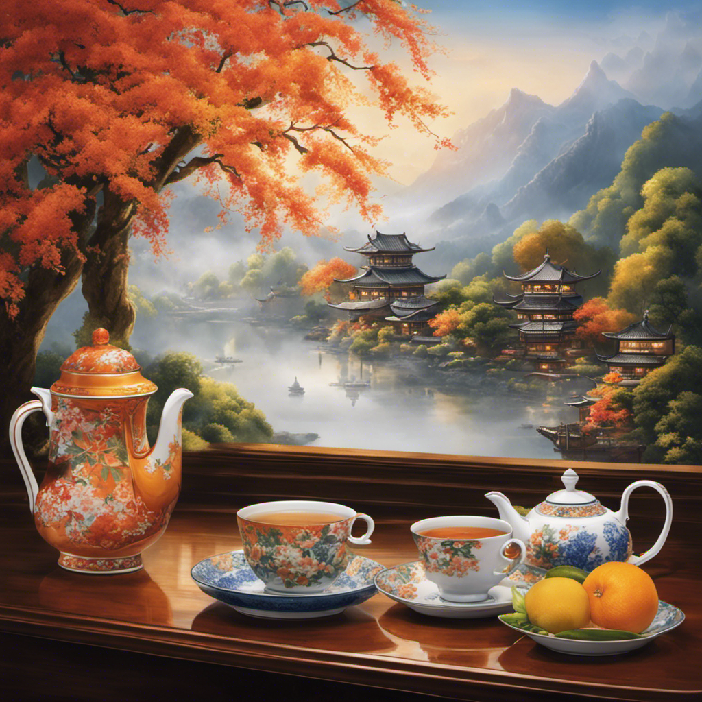 An image showcasing a serene teahouse nestled in a misty mountainscape