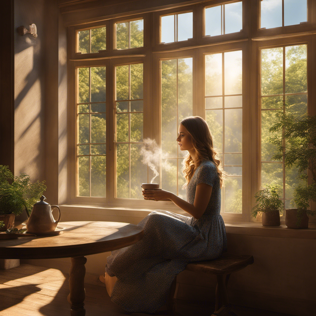 An image of a serene morning scene with a person sitting by a window, sunlight gently pouring in, holding a steaming cup of coffee