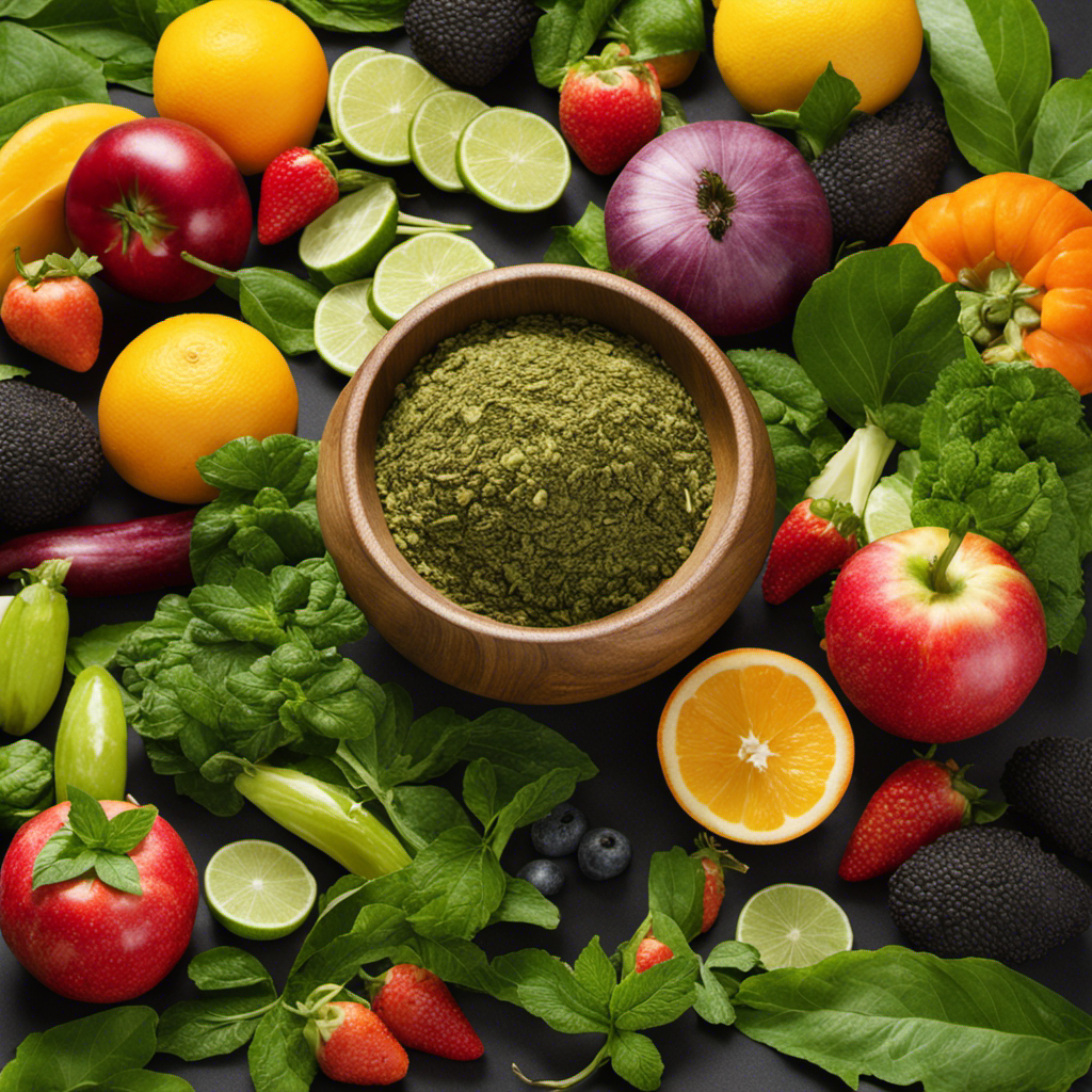 An image showcasing a vibrant assortment of fresh, green yerba mate leaves carefully arranged in a bowl, surrounded by colorful fruits and vegetables, highlighting its role as a powerful dietary supplement