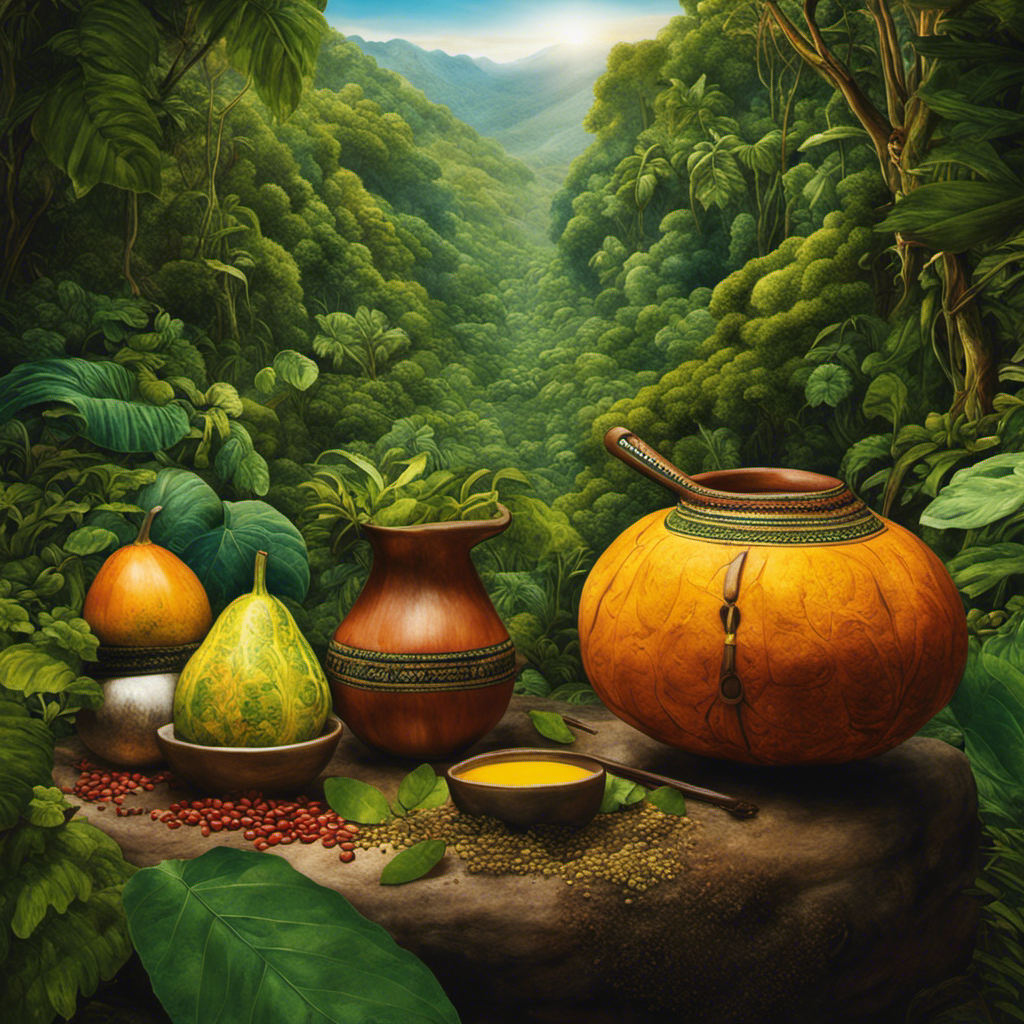An image showcasing a vibrant, lush South American rainforest with a traditional gourd and bombilla nestled among thriving yerba mate bushes, symbolizing the natural and invigorating essence of yerba mate, contrasting with the absence of coffee