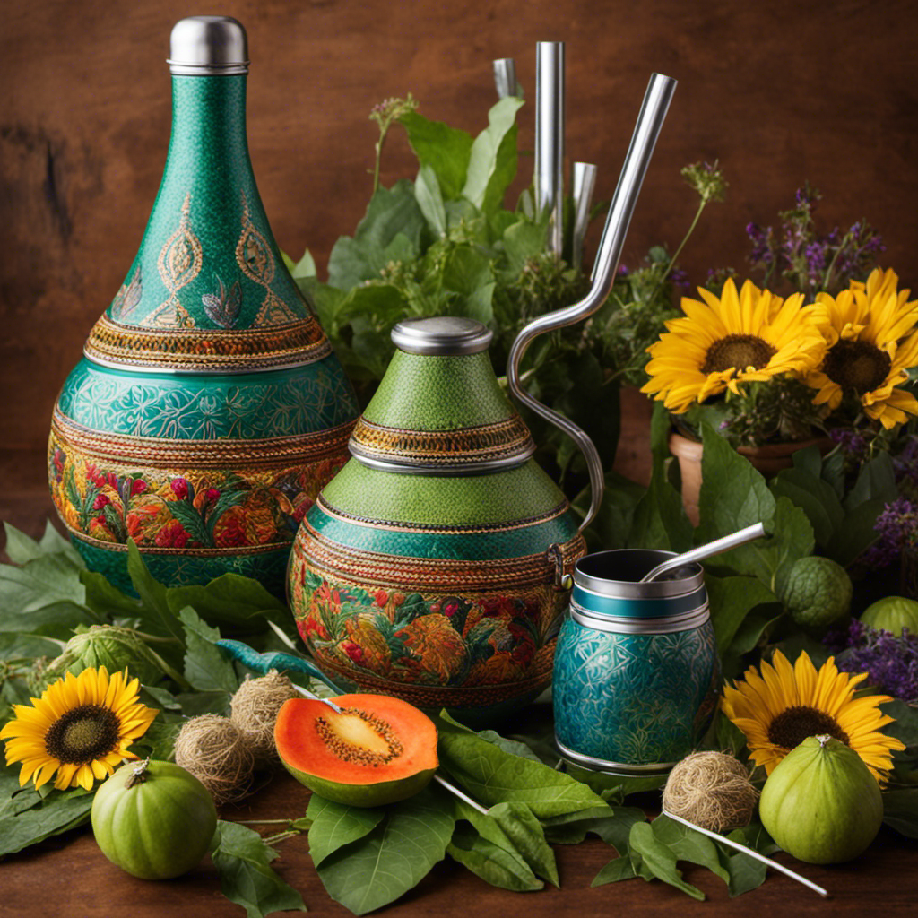 An image showcasing a traditional Argentine gourd filled with vibrant green Yerba Mate leaves, surrounded by a colorful assortment of bombillas (metal straws) and a thermos, evoking the essence of Argentina's beloved Yerba Mate culture