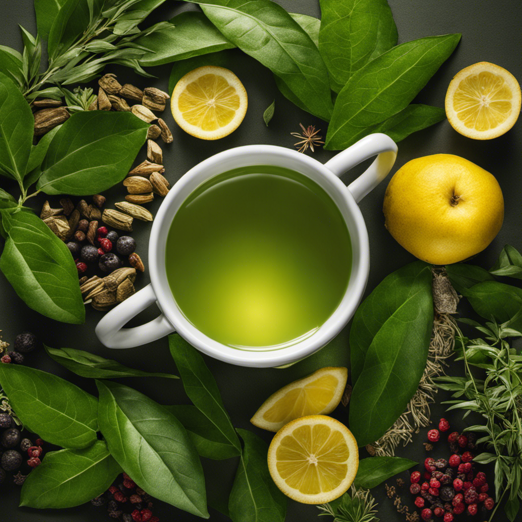 An image showcasing a vibrant green yerba mate plant, with its leaves glistening under warm sunlight, surrounded by aromatic herbs and fruits, capturing the essence of its invigorating properties and health benefits