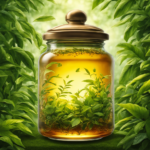 An image showcasing a vibrant glass jar filled with a swirling golden liquid, infused with tea leaves