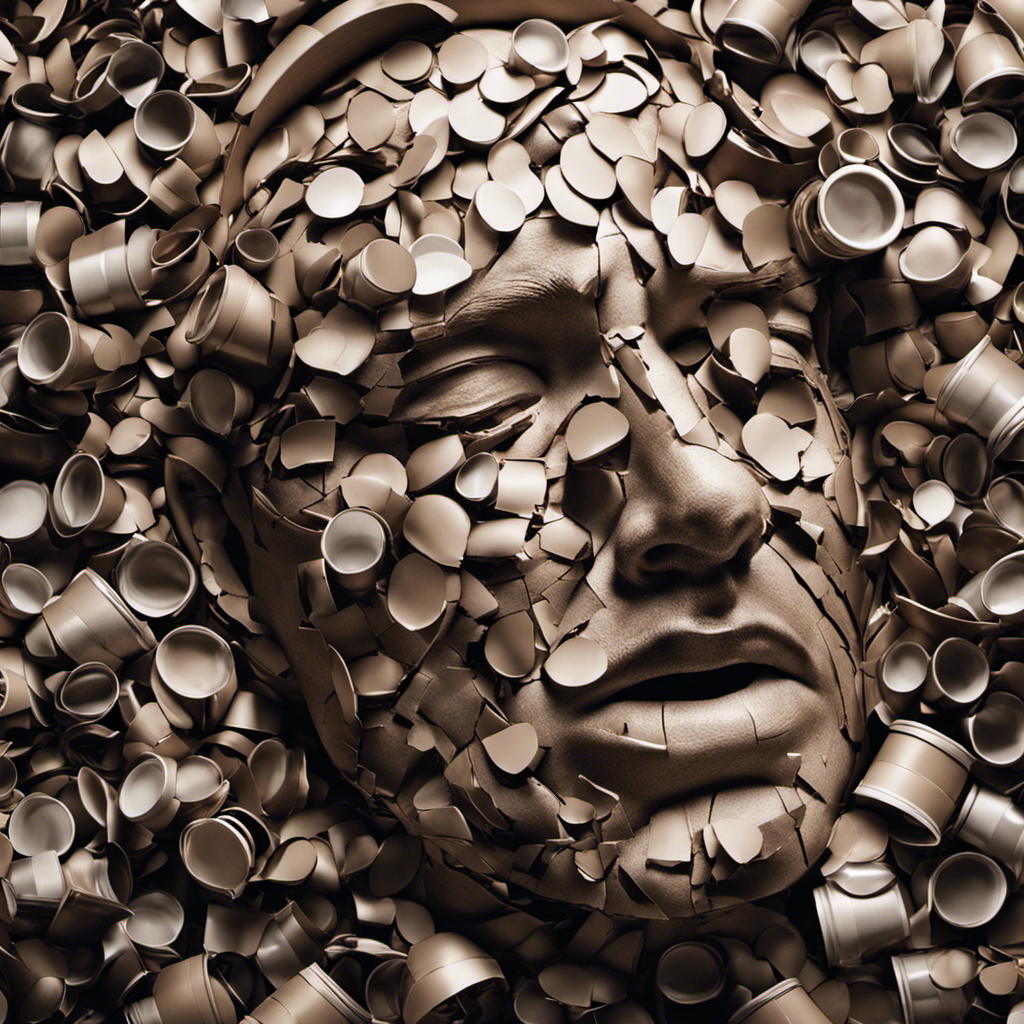 An image featuring a close-up view of a man's face, showing deep lines of exhaustion and stress, as he forcefully cracks under pressure, surrounded by shattered coffee cups and a broken coffee machine