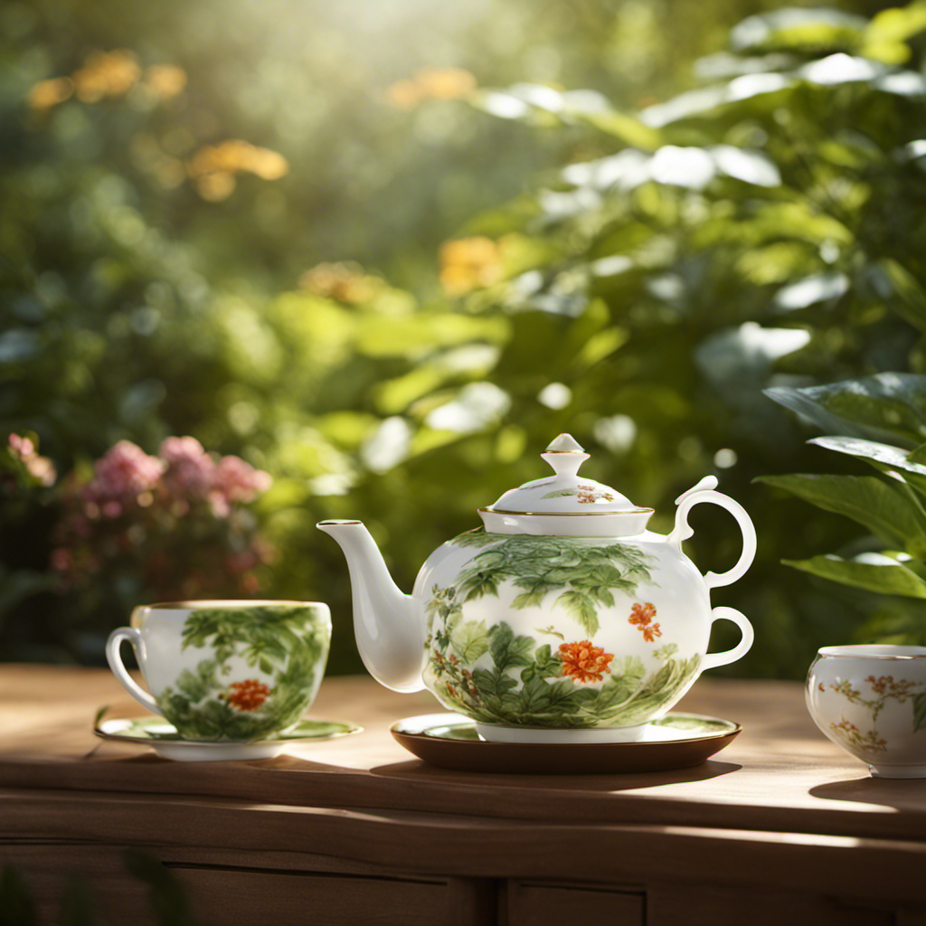 An image of a serene garden with a delicate porcelain teapot pouring steaming oolong tea into a dainty cup