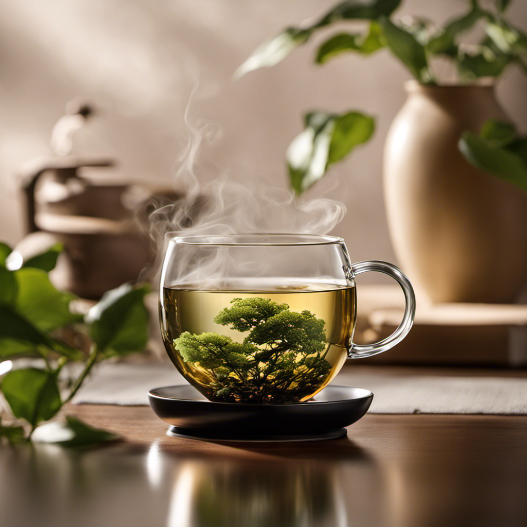 An image showcasing a beautiful, tranquil scene with a steaming cup of oolong tea