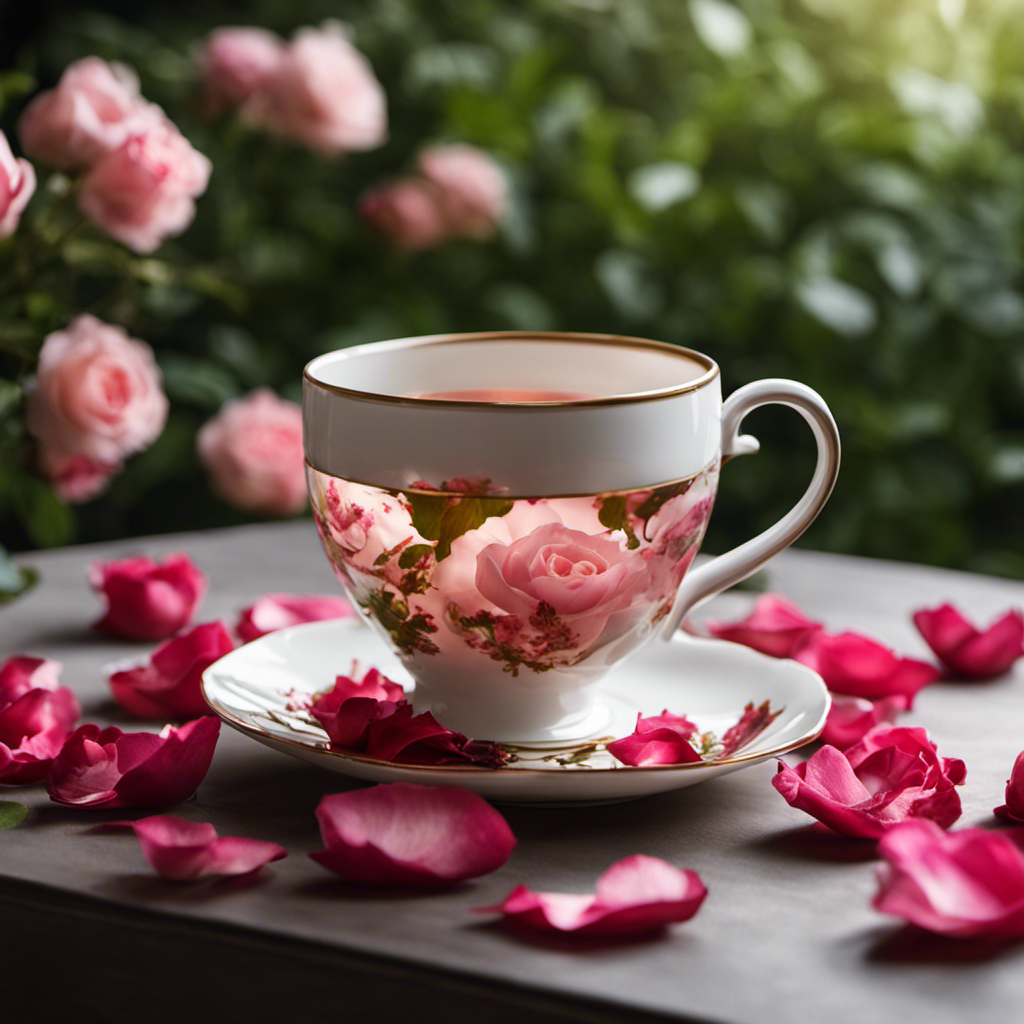 An image showcasing a delicate porcelain teacup filled with fragrant oolong tea, adorned with dried rose petals gracefully floating on the surface