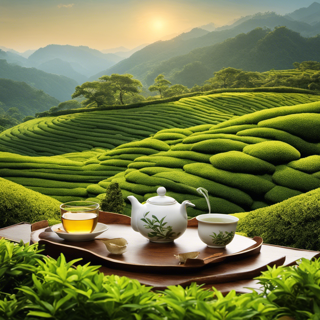 An image showcasing a serene, sun-kissed tea garden, vibrant tea leaves being hand-picked by skilled artisans, a traditional bamboo tea set, and a steaming cup of golden Oolong tea, enticing readers to explore the art of off-water tea making
