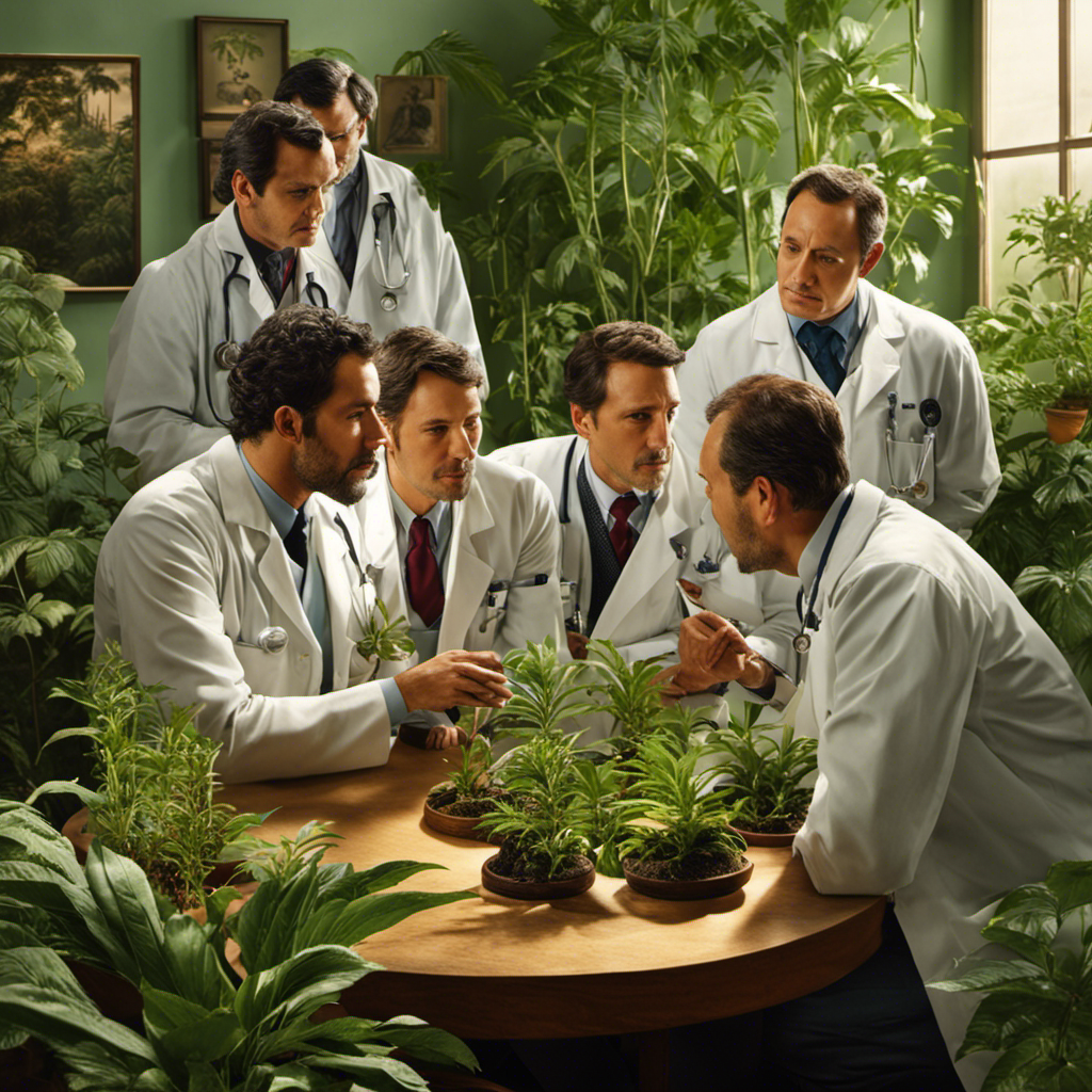 An image showcasing a group of doctors and medical professionals engaged in conversation, with a prominent Yerba Mate plant in the foreground